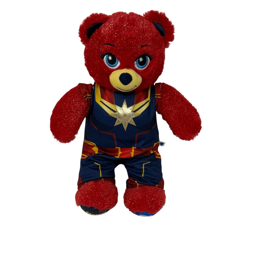 Build a Bear Captain Marvel Plush Red Glitter Bear Superhero Stuffed Animal 16"